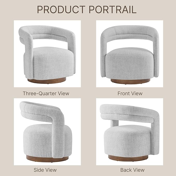 Swivel Accent Chair, Upholstered Barrel Chair with Open Back Design, Modern Arm Chair with Wooden Base for Living Room Bedroom Reading Waitingroom, White