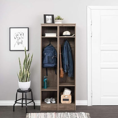 Prepac Narrow Coat Rack Freestanding Hall Tree with 3 Hooks, Entryway Furniture for Coat and Shoe Storage, Entryway Organization with an Adjustable Shelf, 14.75"W x 72.5"H x 15.5"D, Drifted Gray