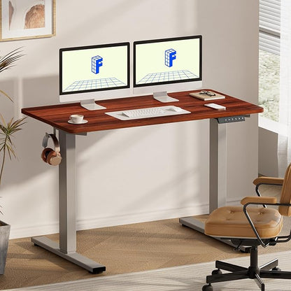 FLEXISPOT EN1 One-Piece Standing Desk, 55 x 28 Inches Electric Height Adjustable Stand Up Desk for Workstation (Silver Frame + Mahogany Top, 2 Packages)
