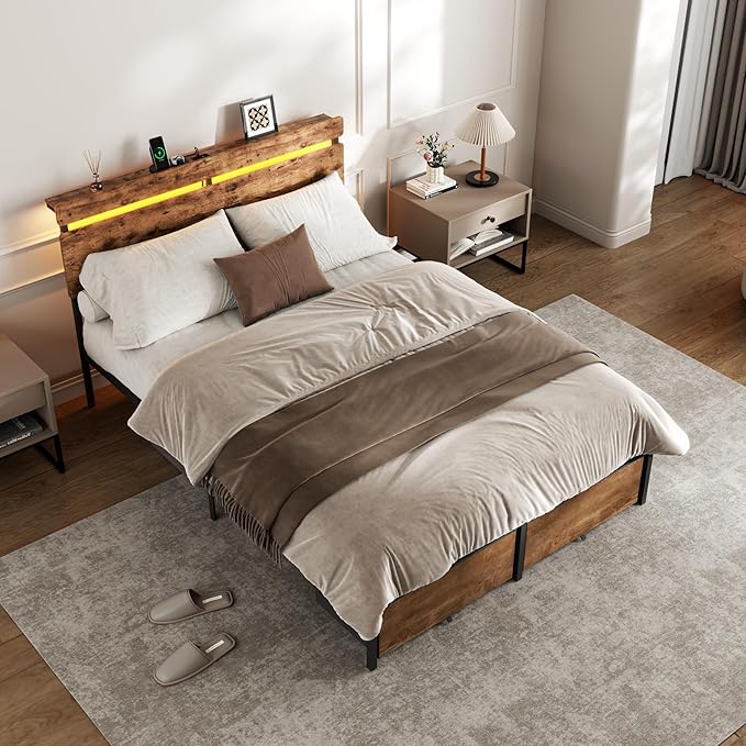 Forestell Full Size Bed Frame with Wood Headboard, Metal Platform Bed with 2 Storage Drawers & Shelf, Built in Charging Station & LED Lights, No Box Spring Needed, Vintage Brown, Camas Full