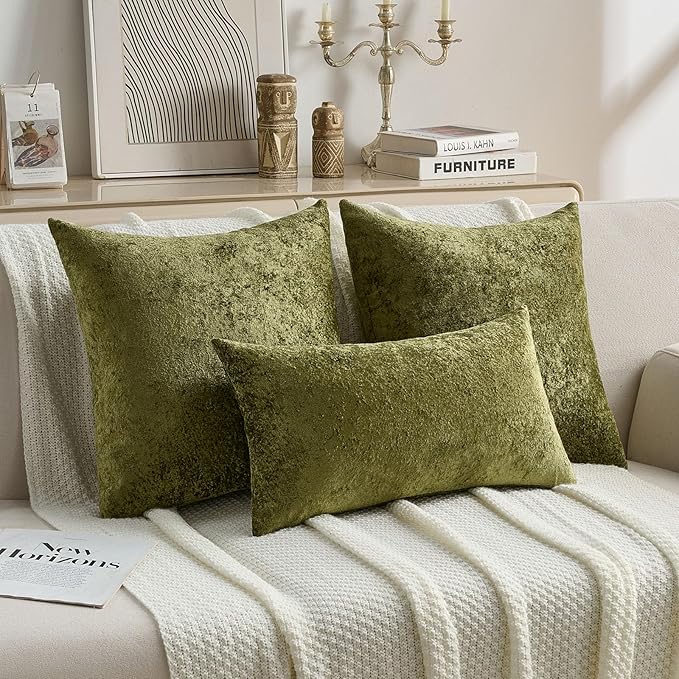 FUTEI Moss Green Flannel Throw Pillow Covers 26x26 Inch Set of 2,Soft Dimensional Textured Euro Pillow Shams,Modern Home Decor for Couch Living Room