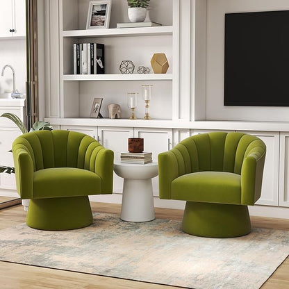 Swivel Accent Chair Set of 2, Upholstered Velvet 360° Swivel Barrel Chair for Living Room Overstuffed Bouncle Reading Chair Round Armchair for Bedroom,Vanity,Office (Grass-Green)