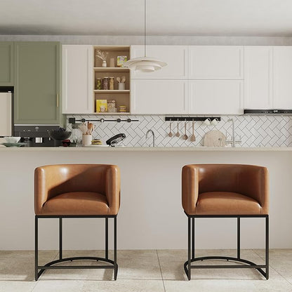PU Leather Bar Stools Set of 2, Modern Upholstered Counter Height Bar stools 24" Leather Barstools Barrel Kitchen Counter Island Stools with Black Metal Base, Brown