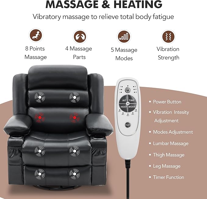 Oversized Recliner Chairs for Adults, 360° Swivel Rocking Recliner with Heat and Massage Lazy Boy Recliner,Recliner Chairs Single Sofa Seat with Cup Holders
