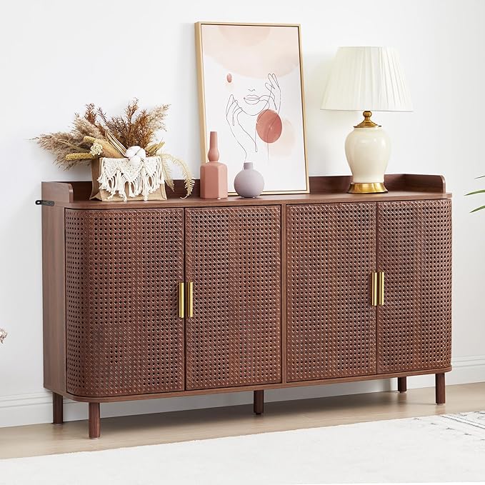 4 Doors Storage Cabinet, 2 Tier Wooden Storage Organizer Cabinet with Adjustable Shelf, Sideboard Buffet Cabinets with Iron Curved Doors Accent Shoe Rack for Entryway Hallway Living Room (Walnut)