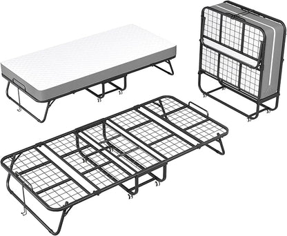 INTERGREAT Folding Bed with Mattress, 75" x 38" - 5" Thick Memory Foam Mattress, Twin Size Portable Beds for Adults, Metal Bed Frame on Wheels for Guest, Space Saving Roll Away Beds for Easy Storage