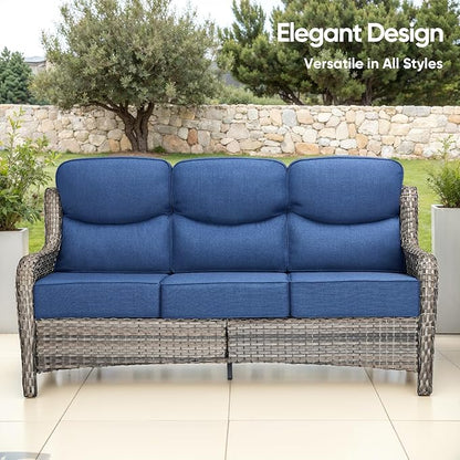 Swivel Patio Chairs sofa Set of 7 with 6" Thick Cushion - Wicker Outdoor Swivel Rocker Patio Chair ,Sofa/Glass coffee table, High Back Comfortable Outdoor Glider Chairs - Gery Wicker Blue Cushions