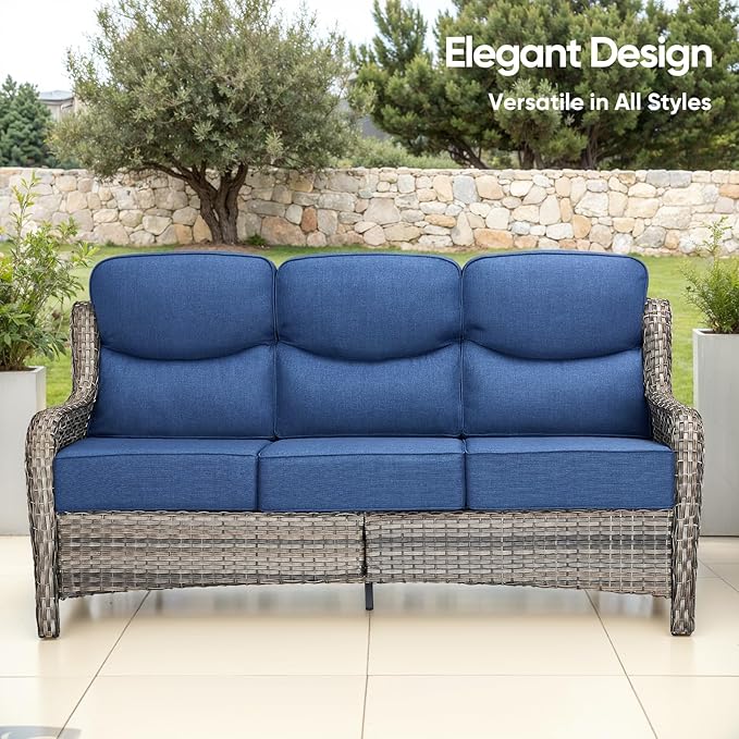 Swivel Patio Chairs sofa Set of 6 with 6" Thick Cushion - Wicker Outdoor Swivel Rocker Patio Chair ,Sofa/Glass coffee table, High Back Comfortable Outdoor Glider Chairs - Gery Wicker Blue Cushions
