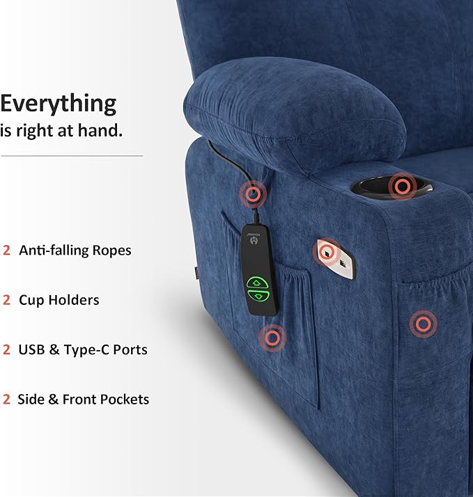 MCombo Power Lift Recliner Chair for Elderly, Lift Chair with Heat and Massage for Tall People, USB&Type C Ports, Extended Footrest, Cup Holders, Fabric 7516(Large,Admiral)