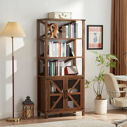 5 Tier Bookshelf 70" Tall Bookcase with Barn Doors,Large Farmhouse Display Book Shelf with Adjustable Shelves and Storage Cabinet，Library Wood Bookshelves for Living Room,Kitchen,Brown