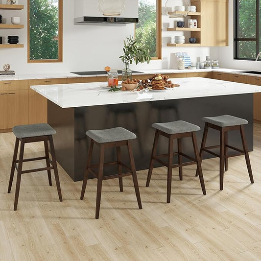 COSTWAY Swivel Bar Stools Set of 4, 30-inch Height Backless Upholstered Chairs with Padded Contoured Seat, Rubber Wood Legs, Footrest, Linen Fabric Barstools for Kitchen Counter Island, Grey+Brown
