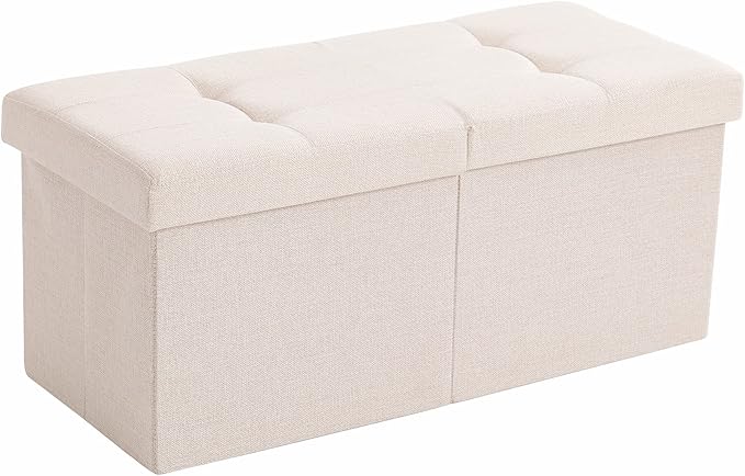 CUYOCA Storage Ottoman Bench Foldable Seat Footrest End of Bed Ottoman with Flipping Lid for Living Room, 75L, 30 inches Linen Fabric Beige