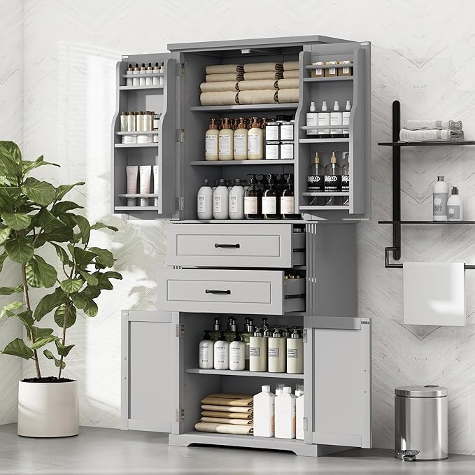 Polibi Elegant Storage Cabinet with Adjustable Shelves - 2 Drawers, 5 Interior Shelves & 6 Small Shelves, for Living Room/Bathroom, Gray