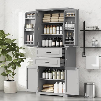 Polibi Elegant Storage Cabinet with Adjustable Shelves - 2 Drawers, 5 Interior Shelves & 6 Small Shelves, for Living Room/Bathroom, Gray