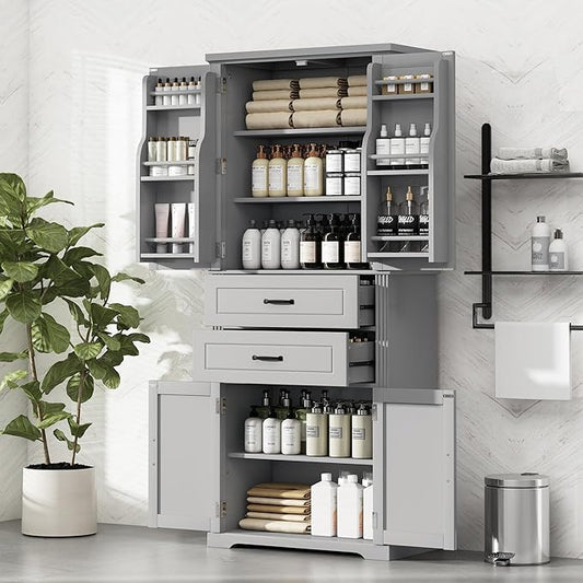 Polibi Elegant Storage Cabinet with Adjustable Shelves - 2 Drawers, 5 Interior Shelves & 6 Small Shelves, for Living Room/Bathroom, Gray