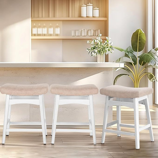 ALPHA HOME Bar Stools Set of 3, Solid Wood Saddle Kitchen Stools with Grey PU Leather Cushion Counter Height Barstools with Wooden Base for Kitchen Dining Cafe, 24 Inch, 3PCS