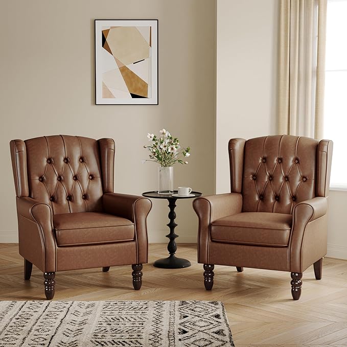 Lumibee High Back Accent Chairs Set of 2,Upholstered Faux Leather Wingback Armchairs with Solid Wood Legs for Small Spaces,Comfy Single Sofa Chairs for Living Room,Bedroom,Office-Brown