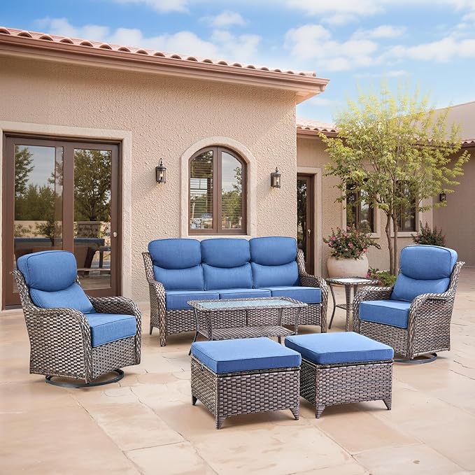 Swivel Patio Chairs sofa Set of 7 with 6" Thick Cushion - Wicker Outdoor Swivel Rocker Patio Chair ,Sofa/Glass coffee table, High Back Comfortable Outdoor Glider Chairs - Brown Wicker Blue Cushion