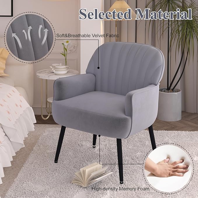 Velvet Accent Chair, Upholstered Modern Leisure Single Sofa Side Chair, Comfy Tufted Back Armchair with Metal Legs for Living Room/Bedroom/Office/Reading Room, Grey