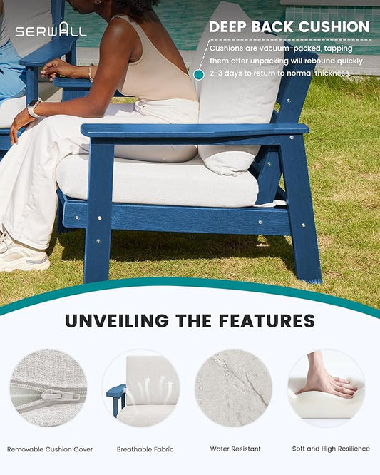 SERWALL HDPE Patio Furniture Set with 15FT Double Side Patio Umbrella, All Weather Wood-Like Outdoor Sofa Sectional Couch, Blue Patio Furniture with Khaki Cushions