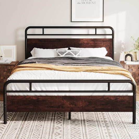Allewie Queen Size Platform Bed Frame with Wooden Headboard and Footboard, Heavy Duty 13 Metal Slats Support, Under-Bed Storage, No Box Spring Needed, Noise Free, Easy Assembly, Mahogany