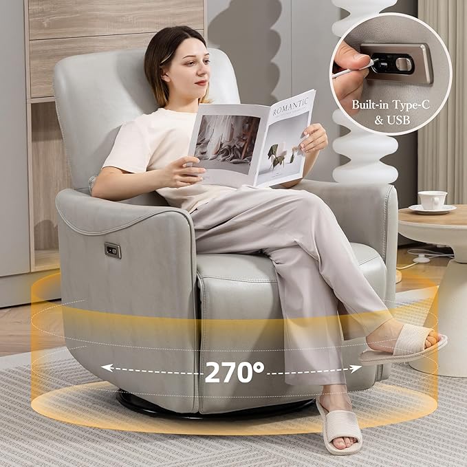 Power Swivel Recliner Chair, Faux Leather Glider Electric Rocking Chair for Adults. Nursery Rocker Single Sofa Chair with Lumbar Support for Living Room. Dual-Port Charging: Type-C&USB, Grey