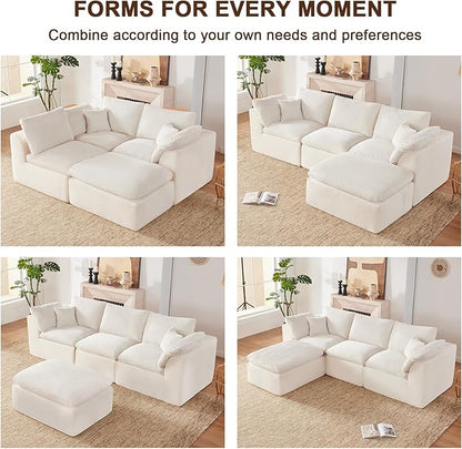 112" Cloud Sectional Couch, Boneless Couches for Living Room, L Shaped Couch with Convertible Ottoman, Modular Sectional Sofa with Deep Seat, Comfy Soft Cushions, No Assembly, Beige