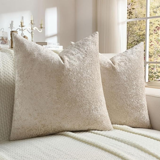 FUTEI Beige Flannel Throw Pillow Covers 18x18 Inch Set of 2,Soft Dimensional Textured Cushion Cases,Modern Home Decor for Couch Living Room