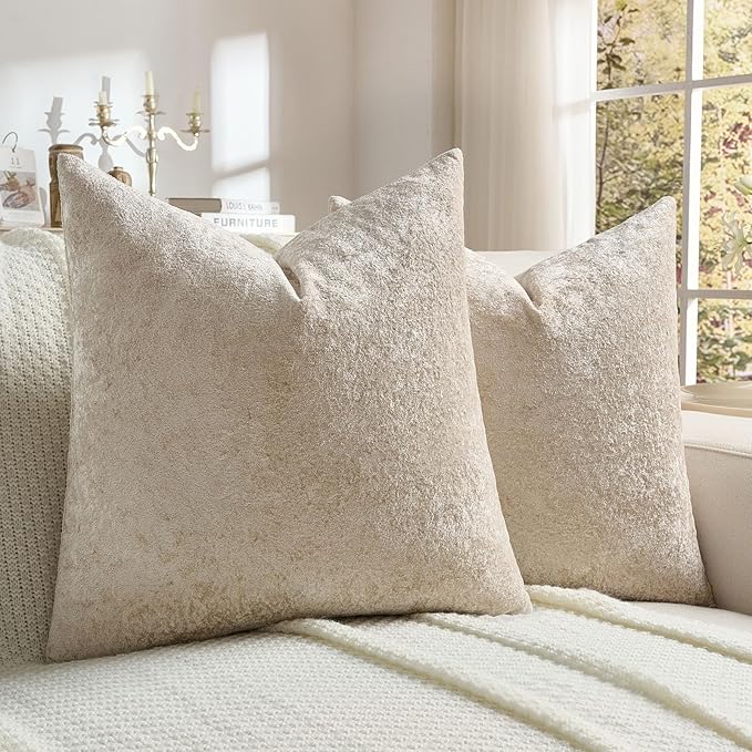 FUTEI Beige Flannel Throw Pillow Covers 22x22 Inch Set of 2,Soft Dimensional Textured Cushion Cases,Modern Home Decor for Couch Living Room