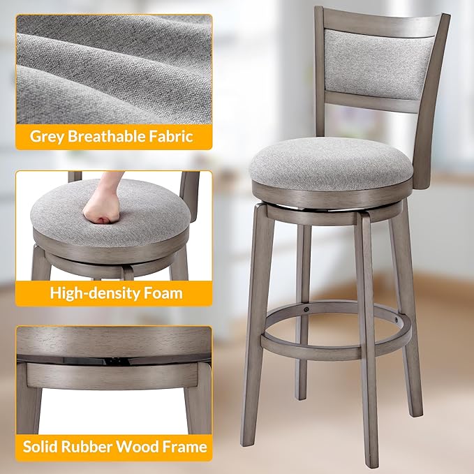 PrimeZone Swivel Bar Stools Set of 2, 30 Inch Bar Height Barstools, High Back Bar Stool with Solid Wood Legs & Wrap-Around Footrest, Counter Stools for Kitchen Island, Pub, Grey