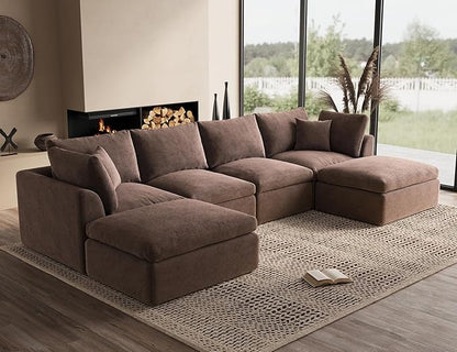 Oversized Cloud Sectional Couches for Living Room, Boneless U Shaped Couch with Ottoman, 4 Seater Modular Sectional Sofa, Brown