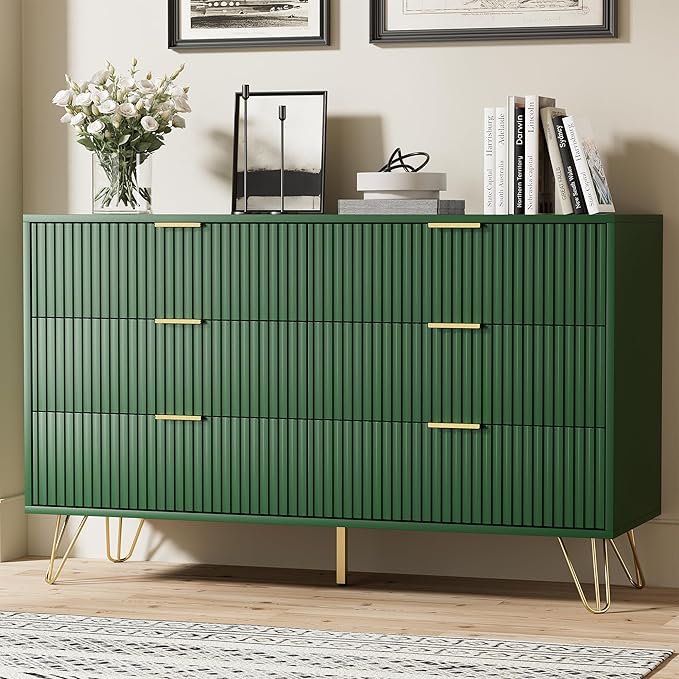 Green Dresser for Bedroom, Modern Dresser with Gold Metal Handles & Chests of Drawers for Bedroom, 15.7" D x 47.2" W x 29.5" H