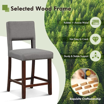 COSTWAY Bar Stools Set of 4, Linen 24.5 Inch Counter Height Chairs with Hollowed Backs, Rubber Wood Legs, Upholstered Barstools for Kitchen Island Home Bar Pub Dining Room, Beige