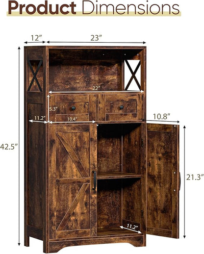 SUPER DEAL Farmhouse Storage Cabinet, Bathroom Floor Cabinet Kitchen Pantry with Doors and Drawers, Hutch Cupboard for Laundry, Living Room, Bedroom, Rustic Brown