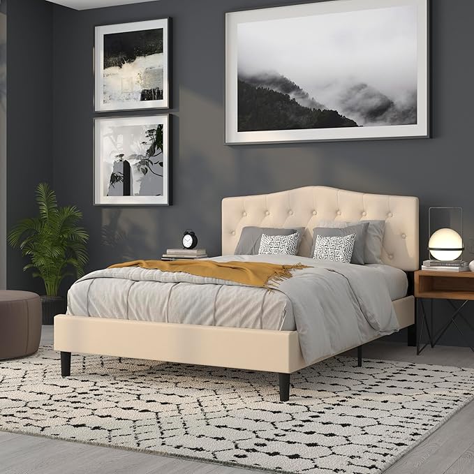 BizChair Tufted Upholstered Queen Size Headboard in Beige Fabric