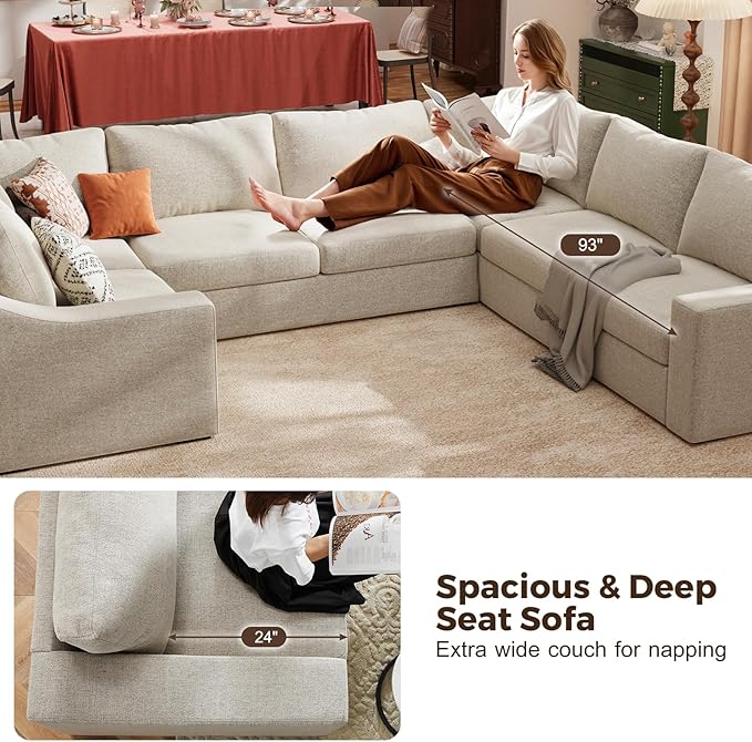 ABCASA Oversized 136" Modular Sectional Sofa, Deep Seat U Shaped Couches for Living Room, Breathable Linen Fabric Corner Couch, Easy to Assemble, Oatmeal