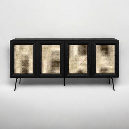 NTC MOSSIC Modern Sideboard with 4 Doors, Natural Rattan Storage Cabinet, Buffet with Metal Legs, Boho Accent Cabinet for Living Room, and Entryway, Effortless Assembly - Burnt Black