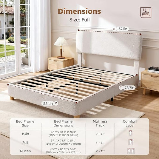 Full Size Cloud Bed Frame, Upholstered Boucle Bed Frame with Adjustable Headboard, Solid Wood Legs, Rounded Corners Design & Easy Assembly – Modern Platform Bed,Cream
