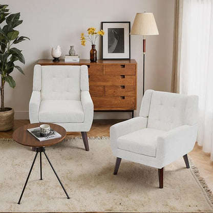 Accent Chairs Set of 2, Mid-Century Modern Upholstered Armchair, Comfy Fabric Living Room Chairs Reading Chairs with Button Tufted Back & Solid Wood Legs for Bedroom, Office, Beige
