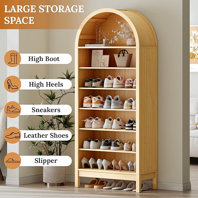 Shoe Cabinet, 70" Tall Arched Shoe Rack with 3 Adjustable Shelves, 7-Tier Large Freestanding Shoe Storage Organizer for Entryway, Closet, Hallway, Living Room