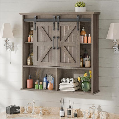Vabches Bathroom Wall Cabinet, Farmhouse Wooden Medicine Cabinet with Double Sliding Barn Door and Adjustable Shelves, Farmhouse Storage Cabinet Wall Mounted for Bathroom, Kitchen Dining, Washed Oak