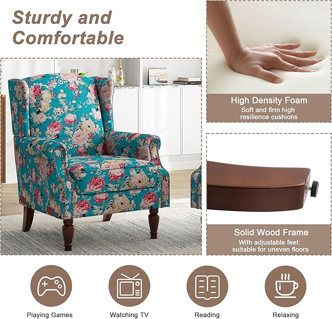Pia Ricco Set of 2 Floral Accent Chairs, High Back Upholstered Armchairs with Retro Wingback Design, Nailhead Trim & Solid Wood Legs for Living Room Bedroom(Peacock Blue)