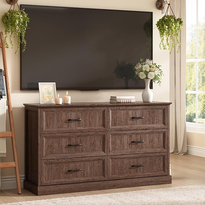Farmhouse 6 Drawer Dresser for Bedroom, 55 Inch Wide Modern Brown Dresser TV Stand with Large Drawers & Bar Handles, Rustic Wood Chest of Drawers for Bedroom, Living Room, Hallway