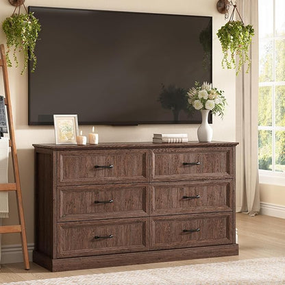 Farmhouse 6 Drawer Dresser for Bedroom, 55 Inch Wide Modern Brown Dresser TV Stand with Large Drawers & Bar Handles, Rustic Wood Chest of Drawers for Bedroom, Living Room, Hallway