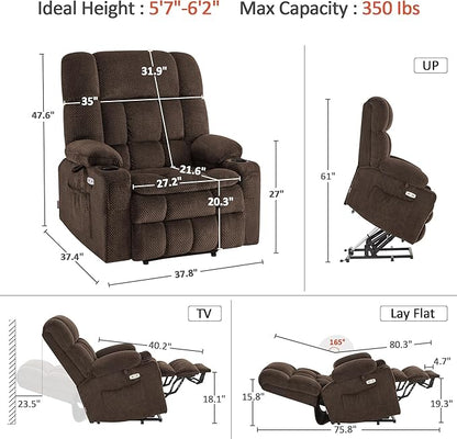 MCombo Oversized Power Lift Recliner Chair for Elderly, Dual Motor Lift Chair with Heat and Massage, Lay Flat Lift Chair for Big and Tall, Cup Holders, Fabric R7891 (Oversize, Mocha)