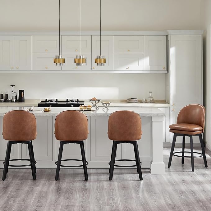 Counter Height Barstools 26 inch Upholstered Swivel Bar Stools with Back and Wood Legs for Kitchen Island,Set of 2,Brown PU Leather-Armless