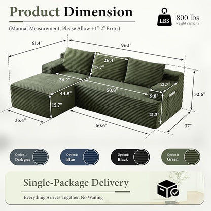 96''Sectional Couches for Living Room,Modern Modular Sectional Sofa,Upholstered Boneless Couch with Pockets,Comfy Cloud Couch with L Shaped Chaise(Green, 96''W Left Facing Chaise)