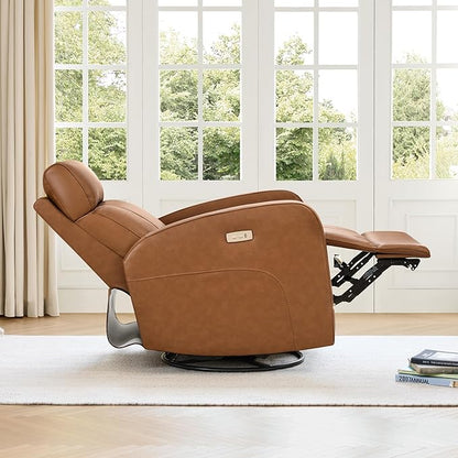 CHITA Genuine Leather Power Swivel Glider Recliner Chair for Adults, FSC Certified Electric Nursery Rocker Recliner Chair for Living Room, Saddle Brown