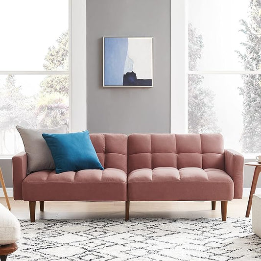 mopio Aaron 76.8" Couch, Small Futon Sofa Bed, Sleeper, Loveseat, Mid Century Modern Futon Couch, Sofa Cama, Couches for Living Room, Bedroom (Old Rosa, Velvet)
