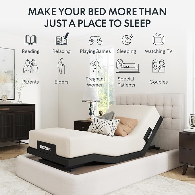 FLEXISPOT Adjustable Bed Frame Base Twin XL + 12" Cooling Gel Memory Foam Mattress, Massage, Head and Foot Incline, Zero Gravity, Zero Clearance, Under-Bed Lights, Anti-Snore, Wireless Remote